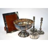 A Continental electroplated stemmed rose-bowl, to/w a pair of pewter candlesticks,