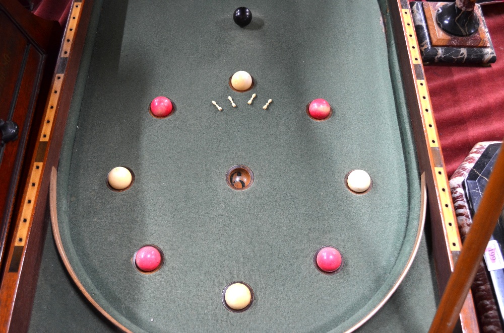 An antique mahogany cased folding bagatelle board, the interior baize lined and complete with balls, - Image 5 of 5