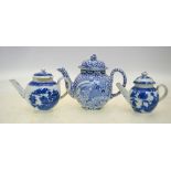 Three blue and white teapots,