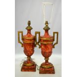 A pair of Italian faux marbled urn table lamps on stepped plinth bases, 50 cm high,