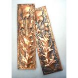 Two Arts & Crafts hammered copper finger-plates, embossed with thistles,