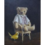 Deborah Jones (1921-2012) - Still life study with teddy bear seated on caned chair with chick