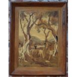 An Indian marquetry panel, depicting rural scene with family and cattle,