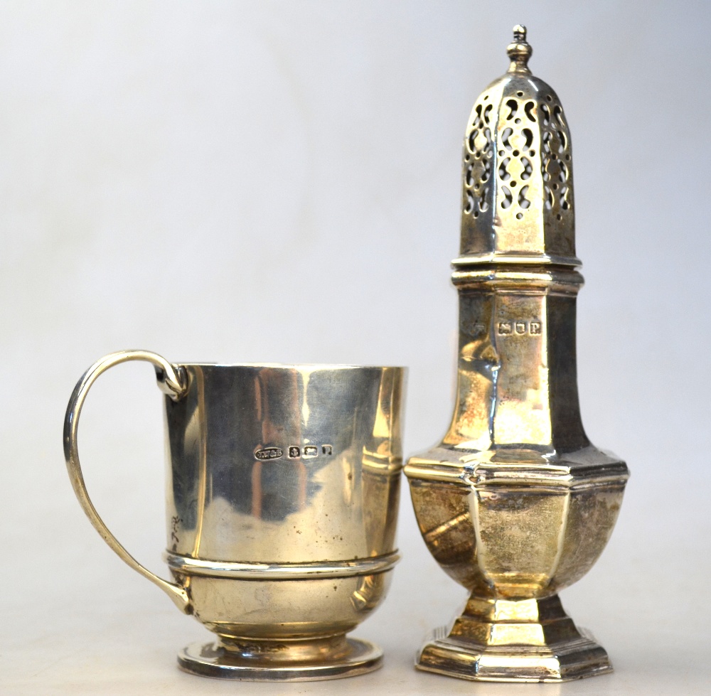 An octagonal baluster silver sugar caster, London 1910, to/w a Christening mug, - Image 3 of 7