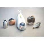 Four Royal Copenhagen birds - Tern Squatting, no 827; a pair of sleeping owls, no 077; Penguin,