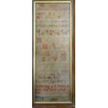 A George III cross-stitch needlework sampler, worked with alphabet, numerals and improving mottoes,