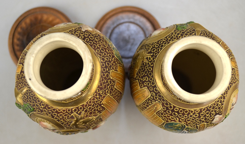 A pair of Satsuma-style vases; each one decorated with Rakan in high relief; - Image 4 of 5