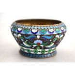 An early 20th century Russian 84 zol and cloisonne enamel small bowl with floral and foliate