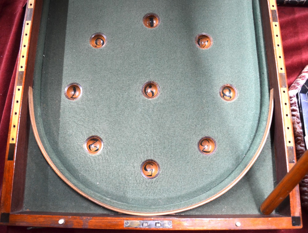 An antique mahogany cased folding bagatelle board, the interior baize lined and complete with balls, - Image 2 of 5