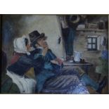 English school - Interior genre scene of couple in inn, oil on panel,