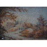 Yates - Landscape with Dragoon and maiden on a bridge, watercolour, signed lower right,