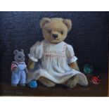 Deborah Jones (1921-2012) - 'Pensive bear', still life study with teddy bear, marbles and toy mouse,