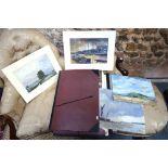 A folio of loose oils and watercolours, mainly landscapes and boats,