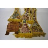 Two silk embroidered religious vestment stoles with yellow silk frining,