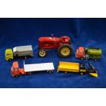 A large die-cast model Massey-Harris tractor, to/w five Dinky vehicles: Refuse wagon,