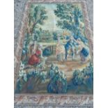 A Brussels style pictorial wood tapestry panel depicting figures seated on a terrace overlooking a