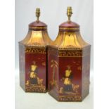 A pair of large Porta Romana chinoiserie tole table lamps hand decorated in scarlet and gilt in the