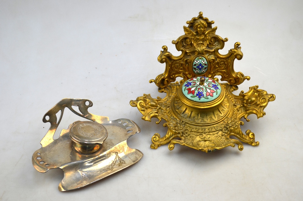 An ornate Continental cast brass and floral enamel inkstand to/w a German Art Nouveau style ep