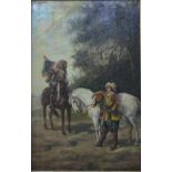 H Markham? - Cavaliers with horses on a track, oil on canvas, indistinctly signed lower left,