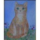 Diane Elson - A pair of cat studies - one ginger seated amongst fuschias and one grey seated