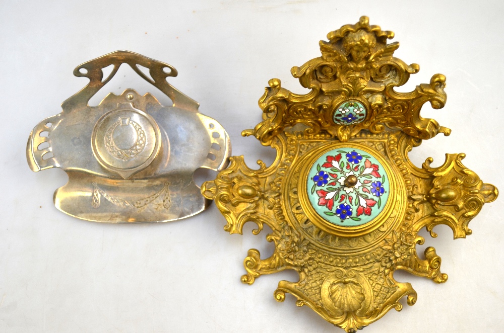 An ornate Continental cast brass and floral enamel inkstand to/w a German Art Nouveau style ep - Image 2 of 7