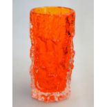 Whitefriars textured cylindrical bark glass vase by Geoffrey Baxter, tangerine,