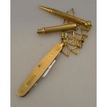 A 9ct cased double bladed pocket knife on yellow and white metal dress Albert with two swivels to/w