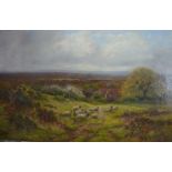 William Alfred Elleby - An extensive landscape with flock of sheep, oil on canvas,