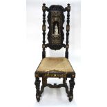 A 19th century Italian pictorial bone/ivory inlaid ebonised hall chair with cushion seat