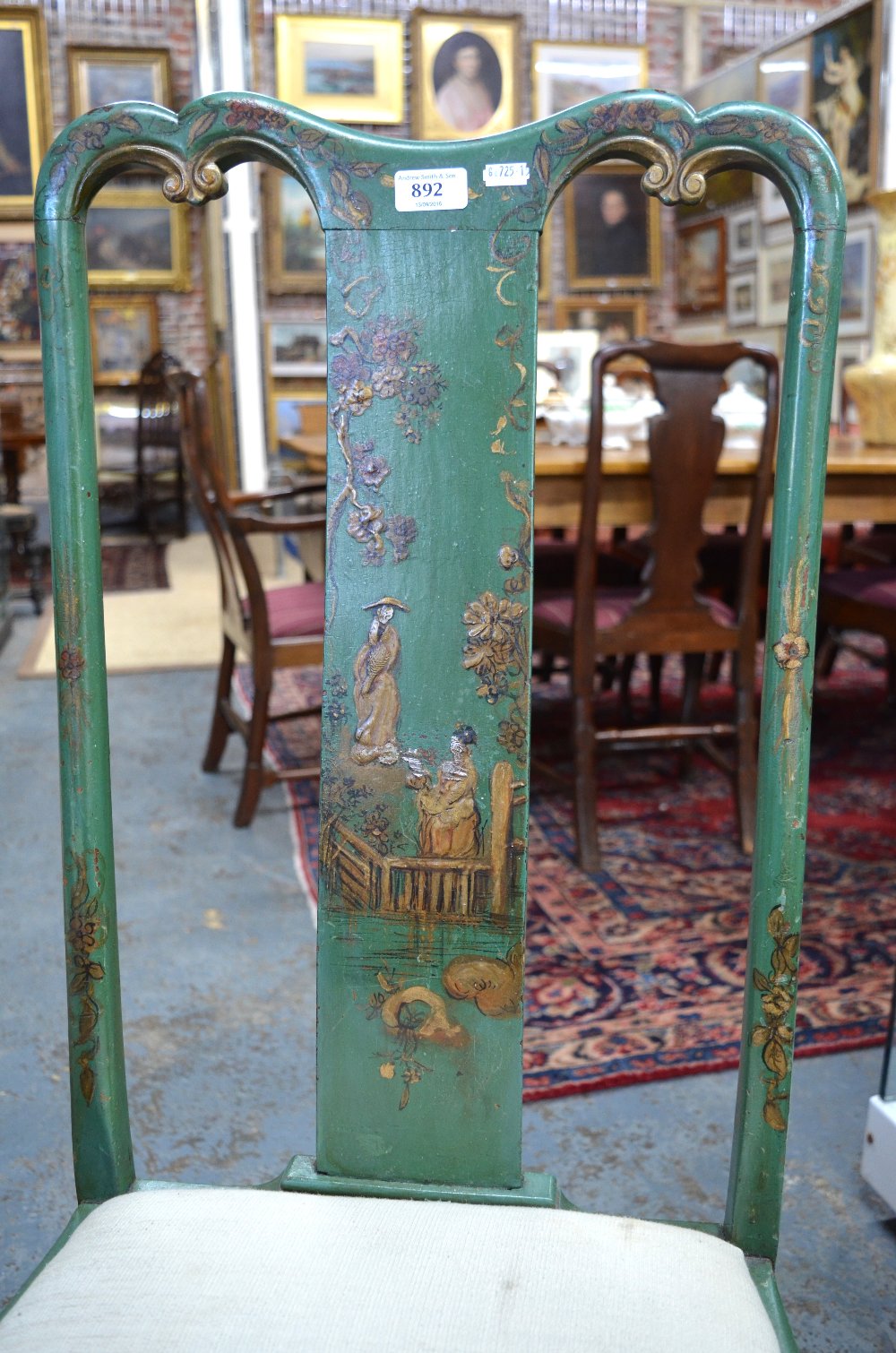 An antique green lacquered and gilt japanned side chair with slip seat on club front legs to pad - Image 2 of 2