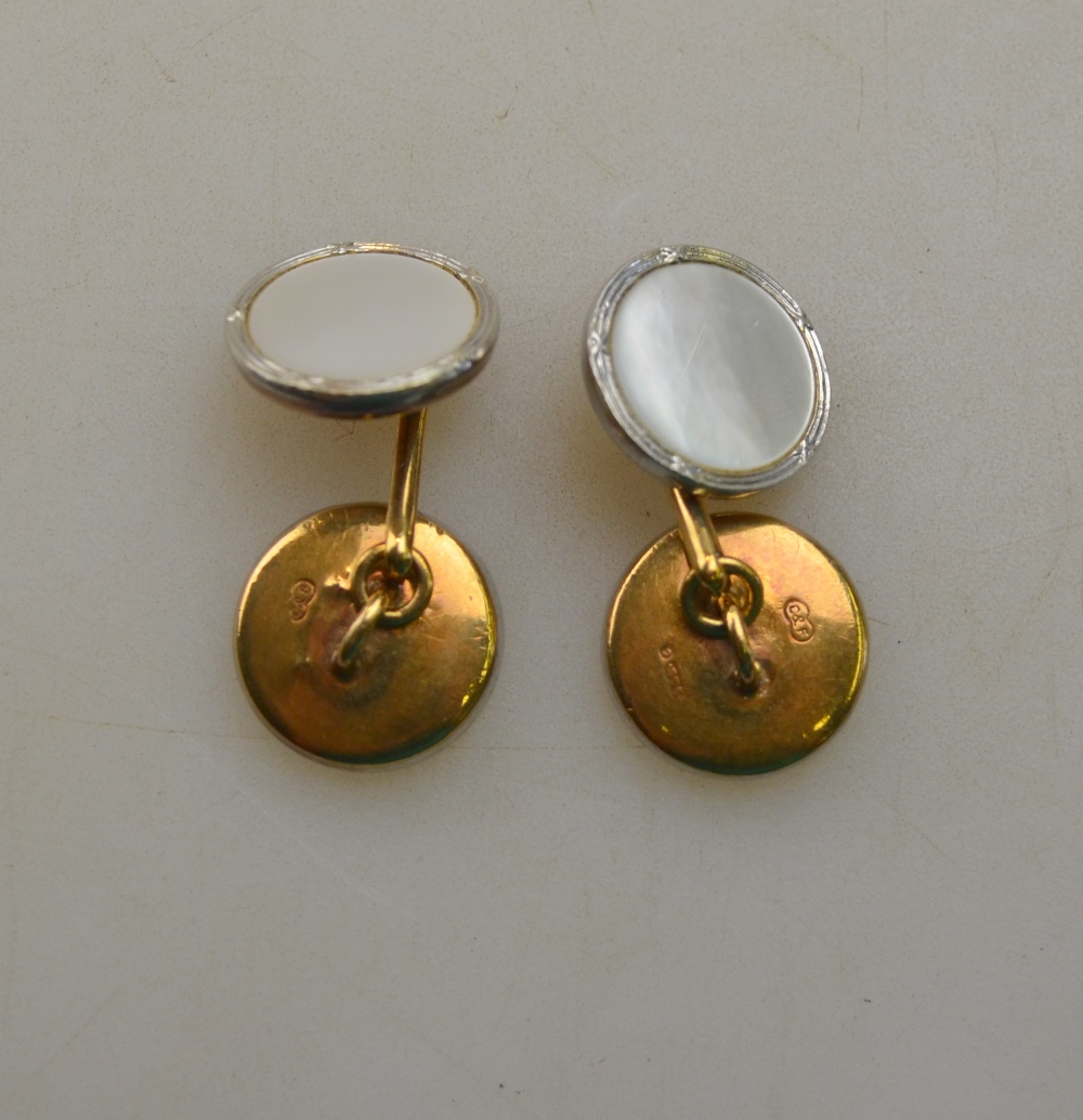 A pair of 9ct yellow and white gold mother of pearl set cufflinks in fitted box retailed by Asprey - Image 2 of 2