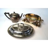 An electroplated oval entree dish and cover, a half-reeded teapot,