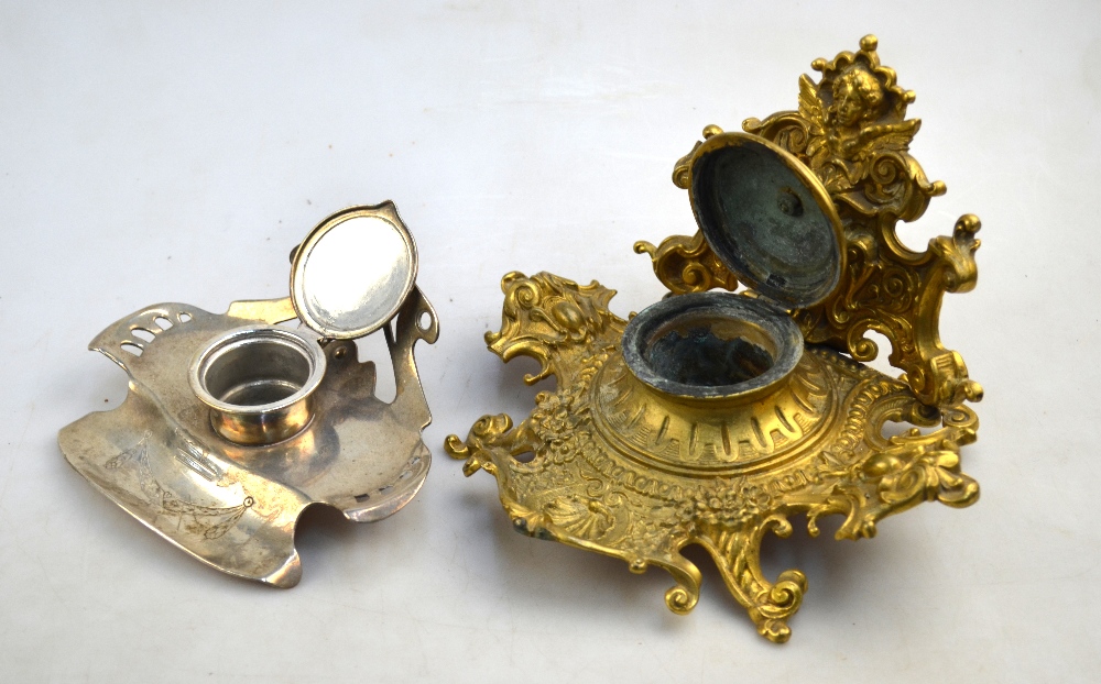 An ornate Continental cast brass and floral enamel inkstand to/w a German Art Nouveau style ep - Image 3 of 7