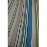 A pair of contemporary lined and inter-lined blue/green/beige striped curtains,