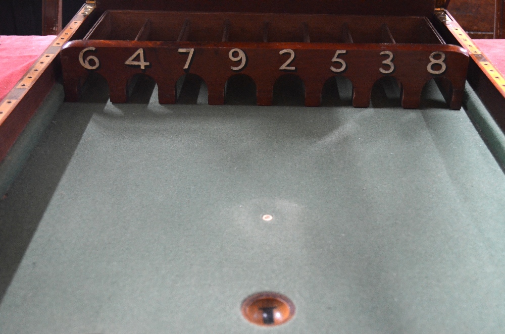 An antique mahogany cased folding bagatelle board, the interior baize lined and complete with balls, - Image 3 of 5