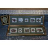 Ten miniature petit point embroidered squares, depicting landscape and floral sprays,