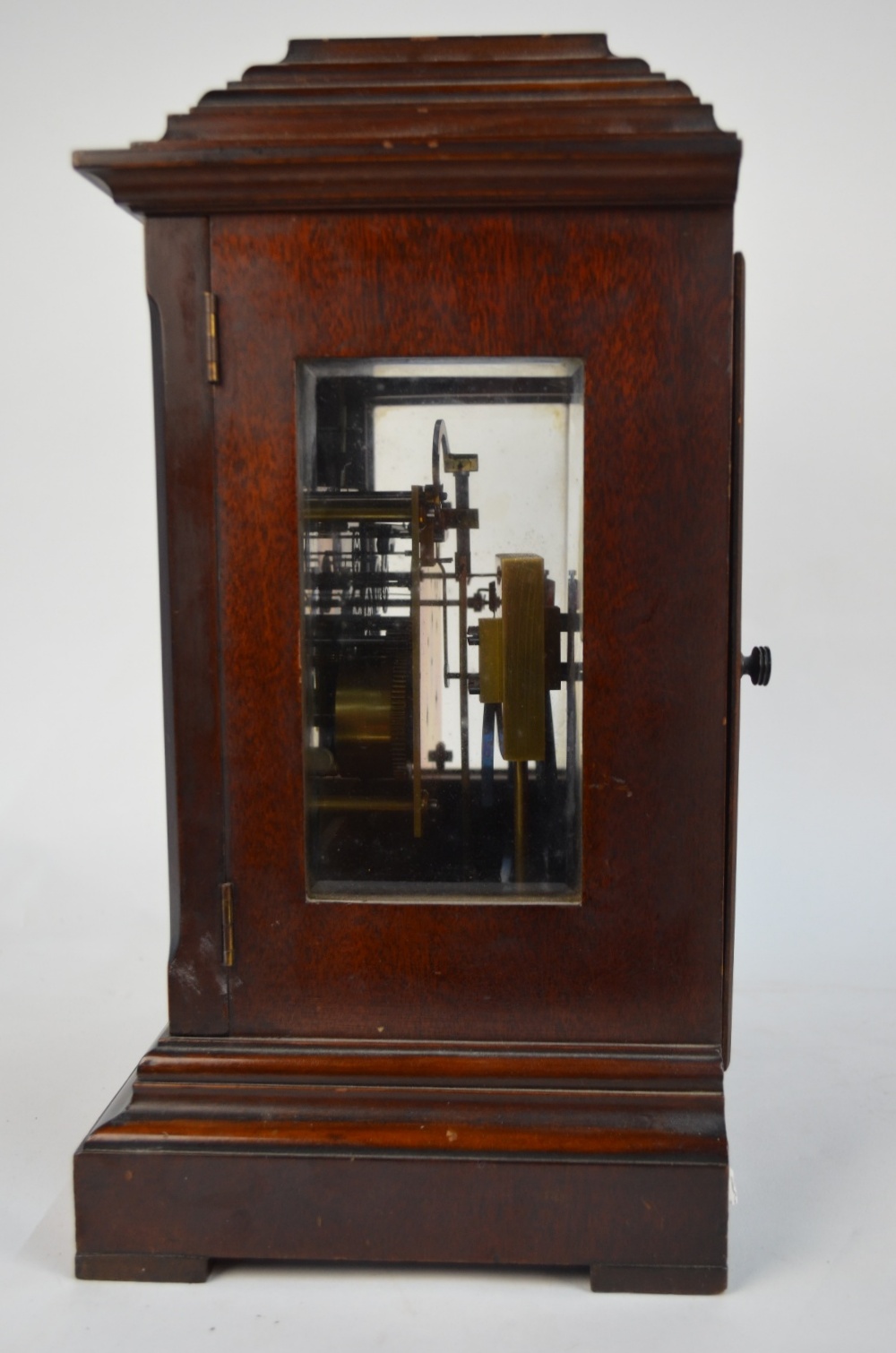 An early 20th century walnut cased eight-day mantel clock with silvered dial incorporating a - Image 5 of 5