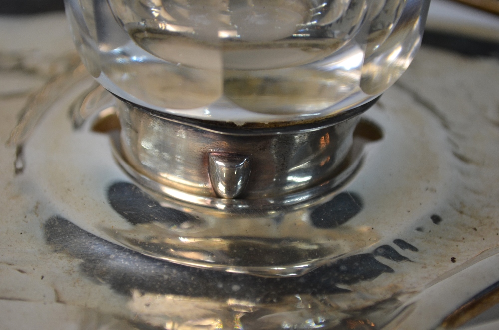 A German Art Nouveau style electroplated inkstand fitted with two cut glass bottles, 37 cm wide, - Image 4 of 6