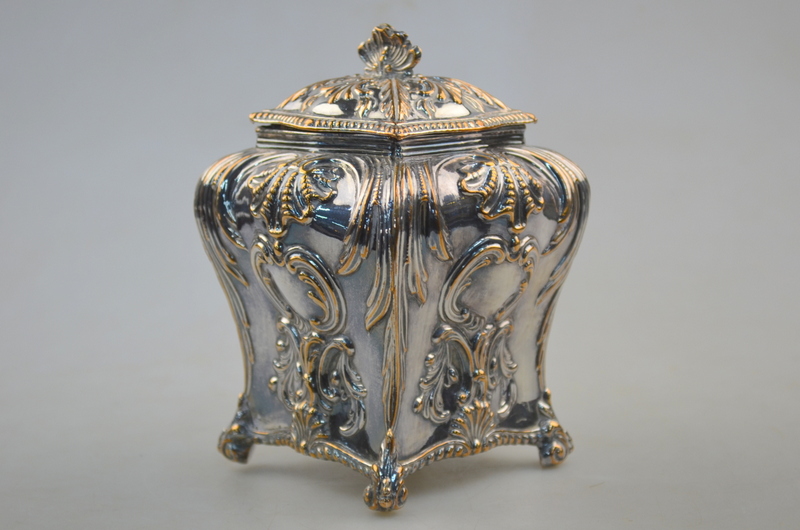 A Georgian Rococo style Old Sheffield Plate tea caddy and cover of square baluster form with - Image 2 of 3