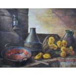 S Madacco - Still life study with flowers, fruit and copper vessels, oil on canvas,