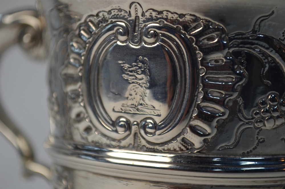 A 19th century two-handled loving cup in the Georgian manner, embossed with vines and rose garlands, - Image 4 of 5