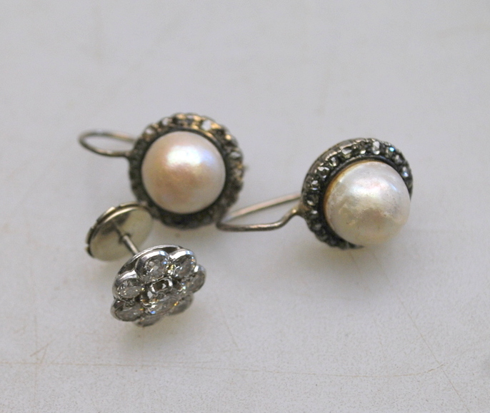 A pair of blister cultured pearl cluster earrings surrounded by old cut diamonds,