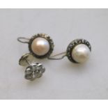 A pair of blister cultured pearl cluster earrings surrounded by old cut diamonds,