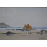 A Hulk - Bigbury on Beach, Devon, gouache, signed lower right,