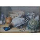 A M Sadge? - Still life study with dead duck, cabbage, onion etc, watercolour, signed lower right,