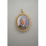 An oval portrait miniature of a gentleman, in yellow gold mount with half pearls around,