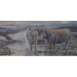 Scottish school - Highland cattle in a landscape, watercolour,