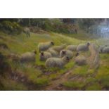 William Alfred Elleby - An extensive landscape with flock of sheep, oil on canvas,