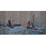 C J Childs - Boats at a busy harbour entrance, watercolour, signed and dated 1910 lower left,