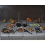 19th century French school - A pair of still life studies with fruit, meat, fish, bread and wine,